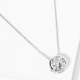 White Gold Dipped Round CZ Stone Bezel Pendant Necklace