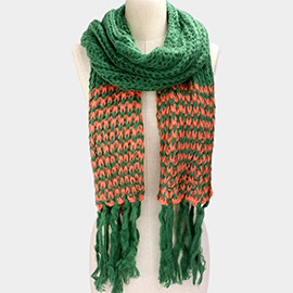 Two Tone Knit Striped Fringe Oblong Scarf