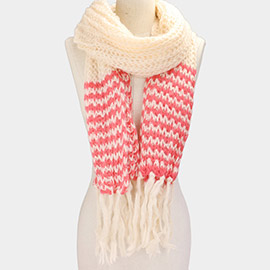 Two Tone Knit Striped Fringe Oblong Scarf