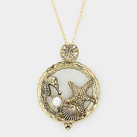 Seahorse Starfish Shell Pearl Magnifying Glass Pendant Long Necklace