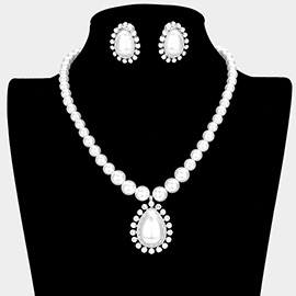 Crystal Trim Pearl Teardrop Pendant Necklace