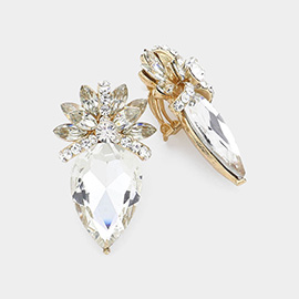 Floral Teardrop Crystal Clip On Earrings