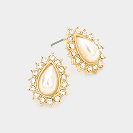 Stone Paved Trim Teardrop Pearl Stud Earrings