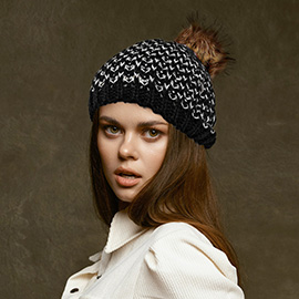 Chunky Two Tone Knit Pom Pom Beanie Hat