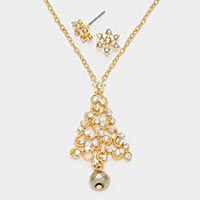 Crystal Christmas Tree Pendant Necklace with Snow Flake Earrings