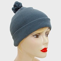 Fold Over Knit Pom Pom Beanie Hat