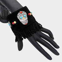 Day of the Dead Mexican Sugar Skull Suede Fringe Bracelet