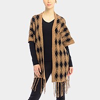 DIAMOND PATTERN FRINGE TRIM PONCHO SHAWL