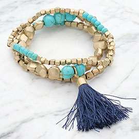 3PCS - Tassel Pointed Beaded Stretch Multi Layered Bracelet