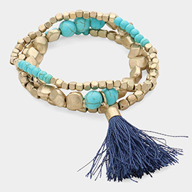 3PCS - Tassel Pointed Beaded Stretch Multi Layered Bracelet