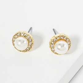 Stone Paved Trim Pearl Stud Earrings