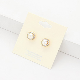 Stone Paved Trim Pearl Stud Earrings