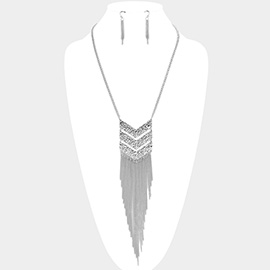 Hammered Metal Chevron Bar & Fringe Necklace