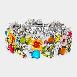 Glass Crystal Metal Flower Leaf Evening Bracelet