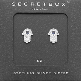 SECRET BOX_Sterling Silver Dipped CZ Hamsa Hand Stud Earrings