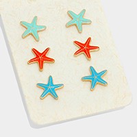 3 Pairs - enamel starfish stud earrings