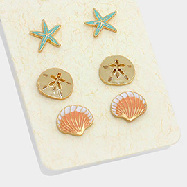 3Pairs - Enamel Starfish Sand Dollar Sea Shell Stud Earrings