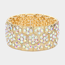 Crystal Rhinestone Paved Honey Comb Evening Stretch Bracelet