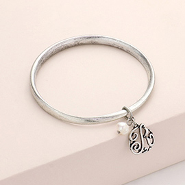 -R- Monogram Pearl Charm Bangle Bracelet