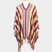 STRIPED FRINGE EDGE PONCHO SWEATER