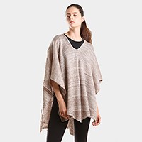 Two tone knit V- neck poncho