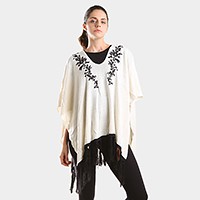 Embroidered flower vine & tassel poncho sweater