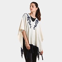 Embroidered flower vine & tassel poncho sweater