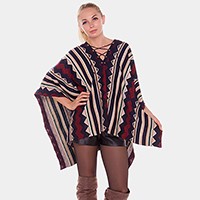 Geometric stripe lace up detail poncho