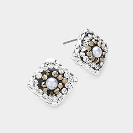 Pearl & Crystal Pave Metal Stud Earrings