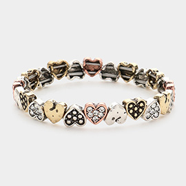 Stone Paved Antique Metal Heart Lin Stretch Bracelet