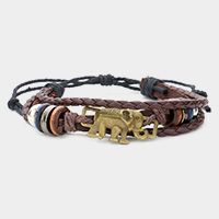 Metal Elephant Multi-Tier Faux Leather Adjustable Cinch Pull Tie Bracelet