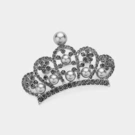 Pearl Pointed Stone Paved Crown Pin Brooch