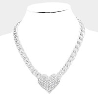 Heart Rhinestone Pave Chunky Metal Chain Necklace