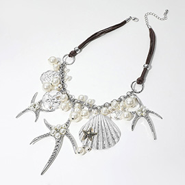 Pearl Embellished Starfish Shell Pendant Beaded Statement Necklace