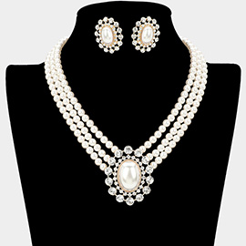 Crystal Rhinestone Trim Oval Pearl Triple Strand Necklace