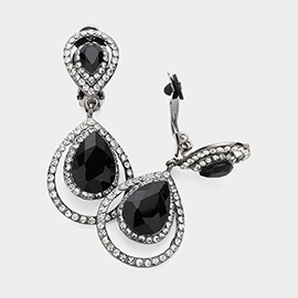 Pave trim glass crystal teardrop clip on earrings