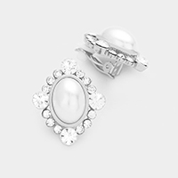 Pave Rhinestone Oval Pearl Clip on Earrings