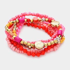 6PCS - Multi Layered Strand Bead Charm Stretch Bracelets