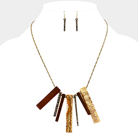 Rhinestone Rectangular Bead Wood Bar Statement Necklace