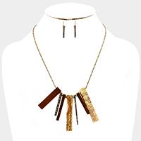 Rhinestone Rectangular Bead Wood Bar Statement Necklace