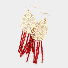 Filigree Metal Teardrop Beaded Tassel Earrings