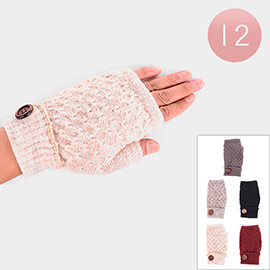 12PCS - Cable Knit Button Detail Fur Lining Fingerless Gloves