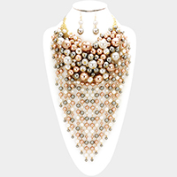 Pearl strand fringe bib necklace