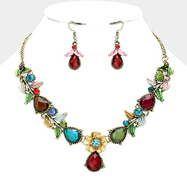 Colored Metal Flower Leaf Teardrop Stone Bib Necklace