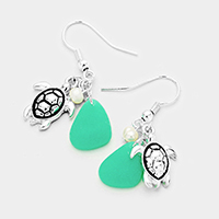 Sea Glass Metal Turtle Pearl Dangle Earrings