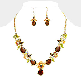 Colored Metal Flower Leaf Teardrop Stone Bib Necklace