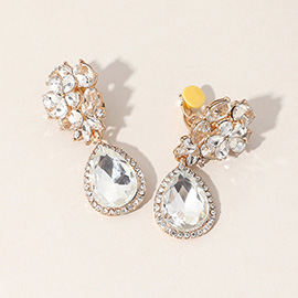 Flower Glass Crystal Teardrop Dangle Clip On Earrings