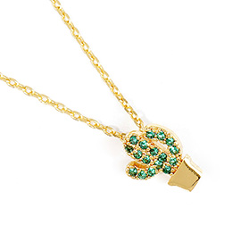 Gold Dipped CZ Stone Paved Cactus Pendant Necklace