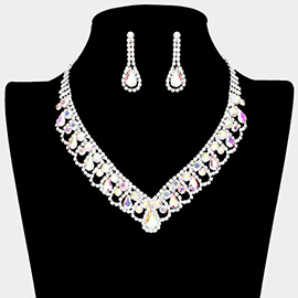 Round Teardrop Stone V Shaped Rhinestone Necklace