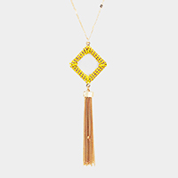 Thread Wrapped Square Hoop Drop Chain Tassel Necklace